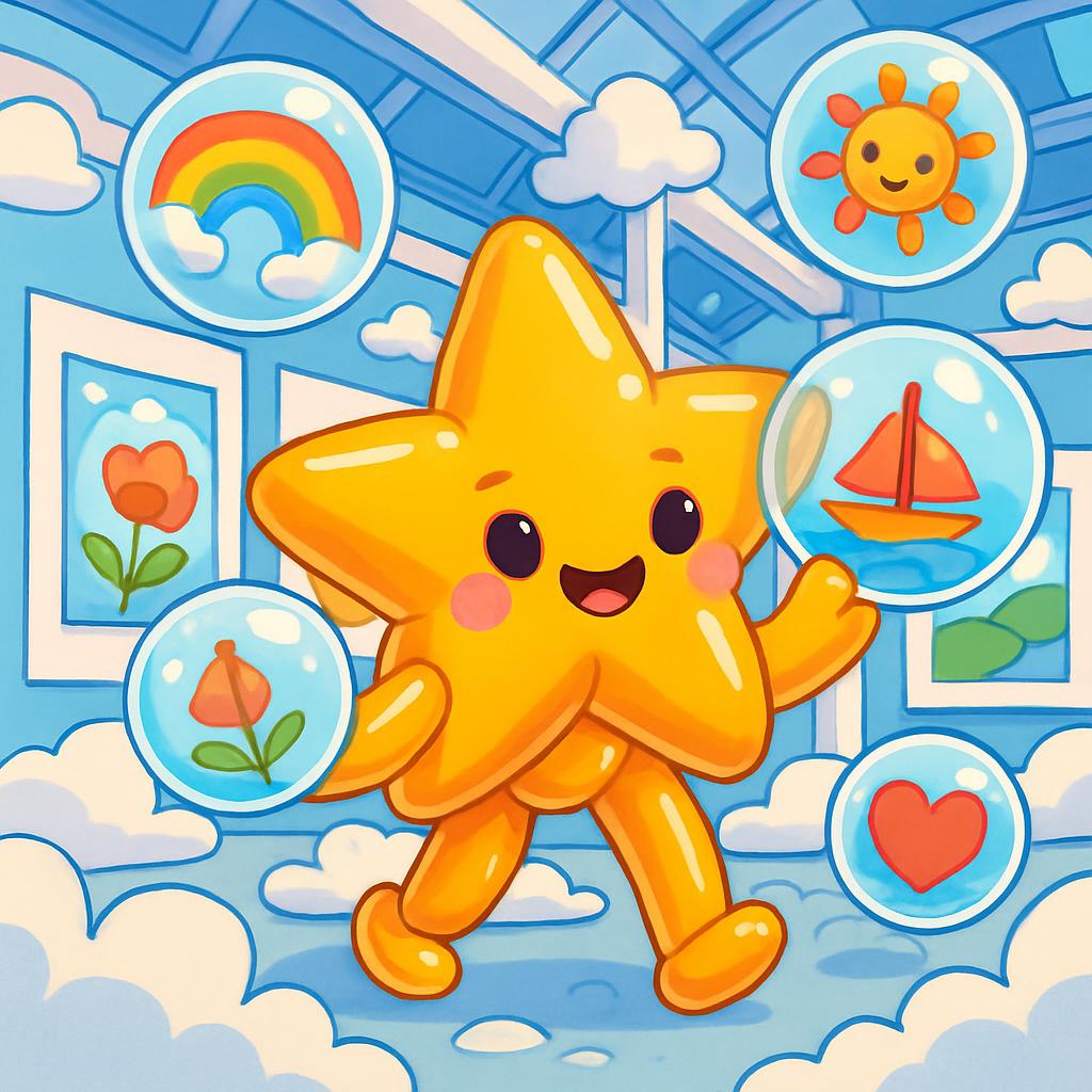 (image of a happy cartoon star in a blue room with some of the room's pictures and no text.)