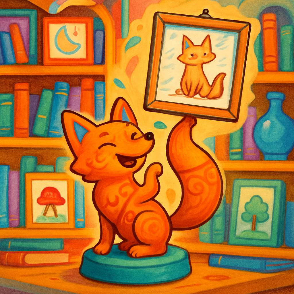 A positive image of an orange fox figurine with a smiling expression, proudly showcasing a picture of itself on a bookshel...