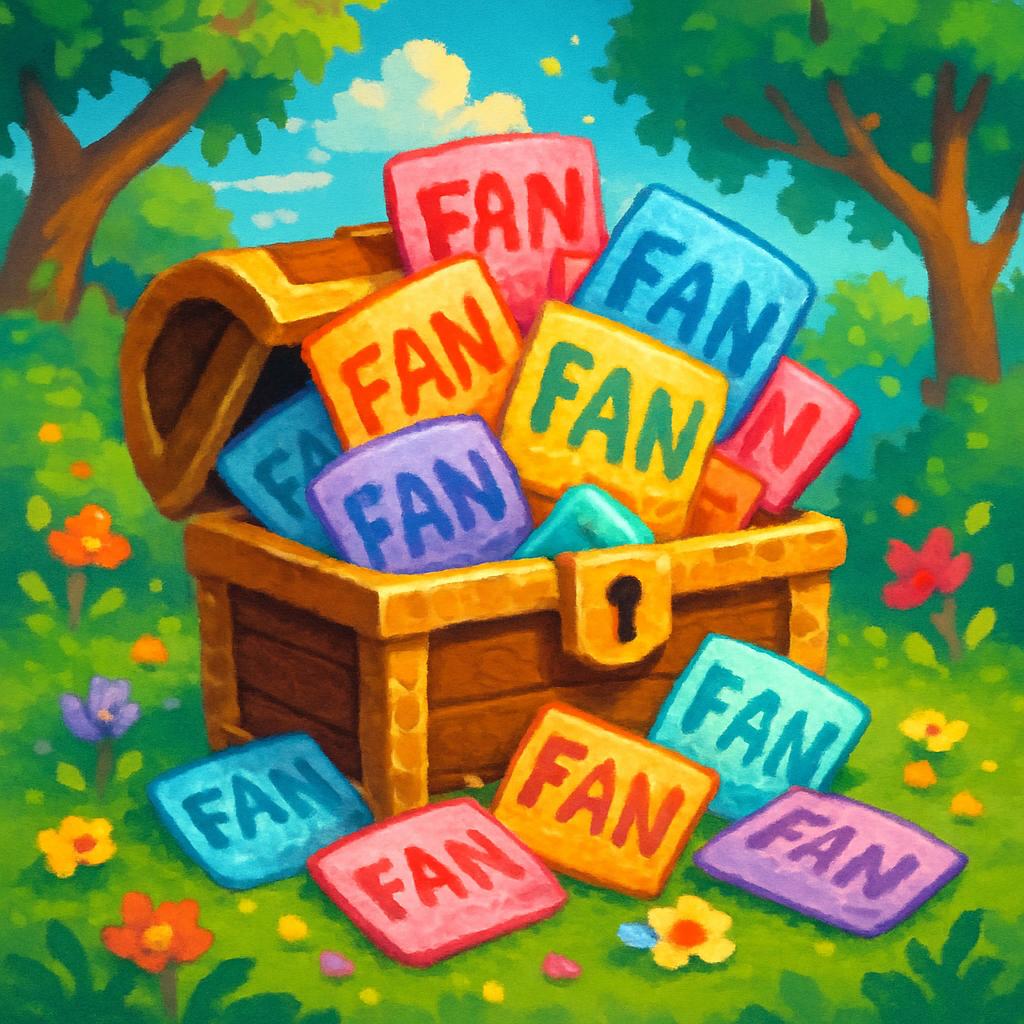 A treasure chest overflowing with colorful "Fan" cards in a serene forest setting with trees, flowers, and a blue sky.